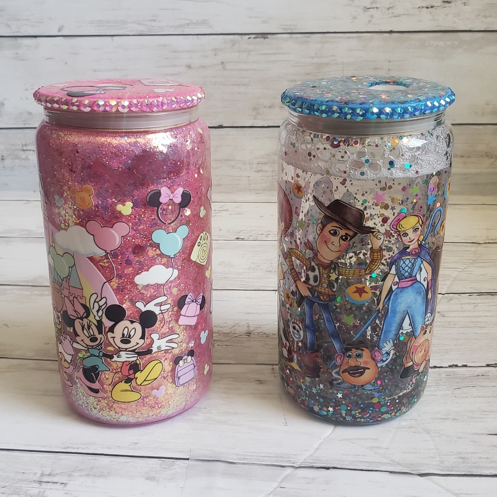 Snow globe handmade glass jar 16oz with straw